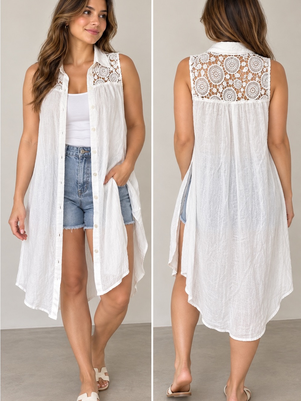 Sleeveless White Crochet Yoke Beach Cover-Up